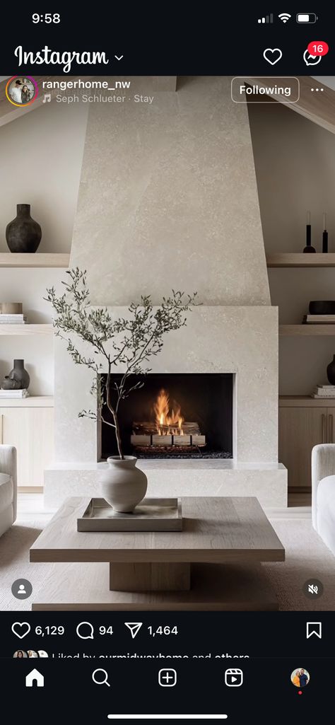 Stucco Fireplace With Hearth, Concrete Finish Fireplace, Plaster Fireplace With Hearth, Limewash Plaster Fireplace, Venetian Plaster Fireplace Surround, Micro Cement Fireplace, White Stucco Fireplace, Microcement Fireplace, Zellige Fireplace