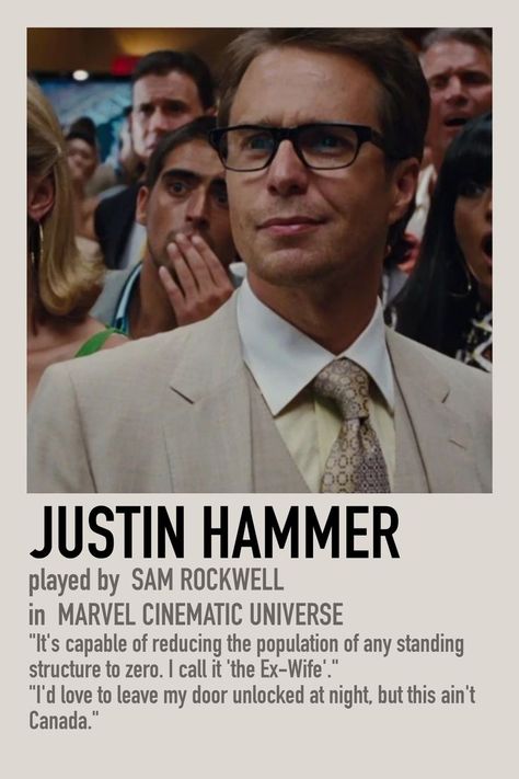 Marvel Prints, Character Polaroid, Hammer Marvel, Marvel Polaroid, Justin Hammer, Anthony Stark, Marvel Pictures, Sam Rockwell, Marvel Movie Posters