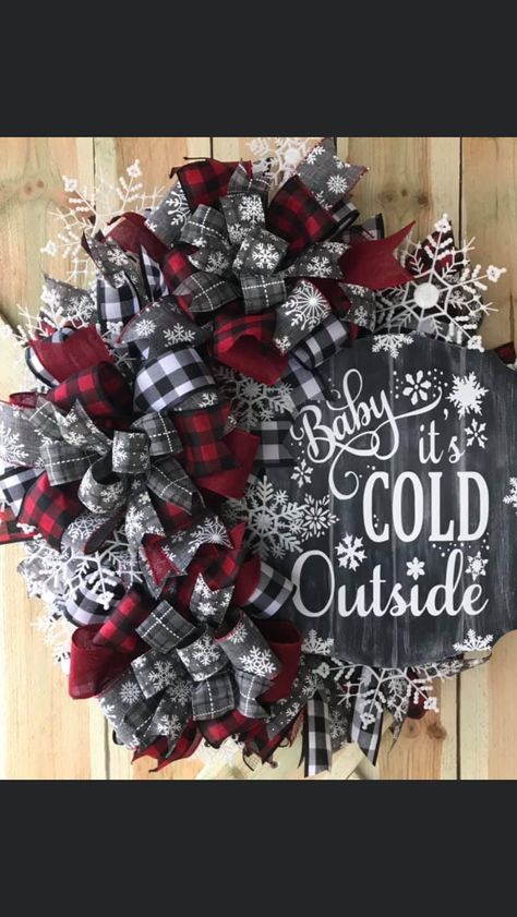 Winter Ribbon Wreath, Snow Wreath, Buffalo Plaid Wreath, Plaid Wreath, Holiday Wreaths Diy, Baby Its Cold, Christmas Mesh Wreaths, Door Wreaths Diy, Evergreen Wreath