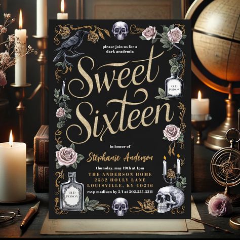 🕯️📖 Unveil the mystique of a Dark Academia Sweet Sixteen! 🥀🗝️ This bewitching invitation sets the stage for an unforgettable celebration filled with enchanting vibes and scholarly charm. Let your guests step into a world of mystery and magic. Tap the link in bio to customize yours! ✨ #zazzlemade #darkacademia #darkacademiaaesthetic #sweetsixteen #sweet16 #birthdayinvitations #partyinvitations #gothicinvitations #witchyaesthetic #darkromantic #gothicstyle #darkfairycore #halloweenparty #birt... Dark Academia Birthday Party Theme, Dark Academia Floral, Unique Birthday Ideas, Sweet Sixteen Birthday Invitations, Birthday Party Essentials, Sweet Sixteen Birthday Party Ideas, 16th Birthday Invitations, Sweet Sixteen Invitations, Sixteenth Birthday