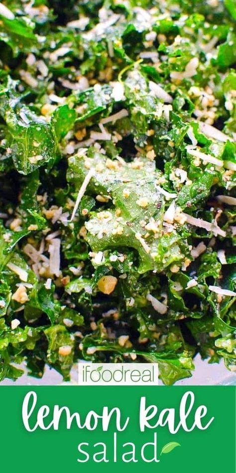 Flavorful, easy and no massaging Lemon Kale Salad with toasted nuts and fresh Parmesan cheese is tossed in a lemon and garlic dressing and ready in only 15 minutes. This healthy kale parmesan salad pairs well with any dinner pasta dish, grilled protein, or holiday main. Or use it for a classic soup and salad lunch combo! However you pair it, this simple, fresh kale salad with lemon dressing will be your new favorite go-to side dish! Kale Salad With Lemon Dressing, Kale Recipes Healthy, Kale Salad Dressing, Lemon Kale Salad, Lemon Kale, Easy Baked Chicken Breast, Garlic Kale, Parmesan Salad, Garlic Dressing