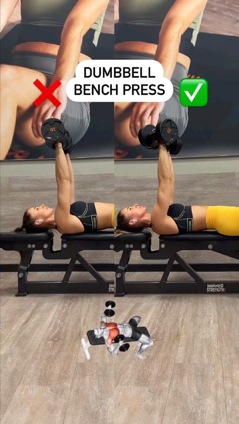 The most common mistake when doing a dumbbell bench press is letting your elbows move out to the sides! This puts more stress and strain on the front shoulder. The pectoral muscle is not activated properly. ✅ the dumbbells are slightly rotated ✅ Keep your elbows at about 45-60 degrees ✅ the dumbbells move up and down in an arc ab ✅ Press your shoulders and...#DecorInspiration #HomeStyle #InteriorDesign #HomeIdeas #HouseGoals #InteriorInspo #HomeDecor #HomeInspiration #DecorTips #HomeDecorating Workout Plan At Gym, Day 1 Exercise, Day One Workout, Rope Tricep Extension, Chest Fly Workout, Shoulder Press Workout, Aesthetic Home Gym, Dumbbell Bench Press, Bench Press Workout