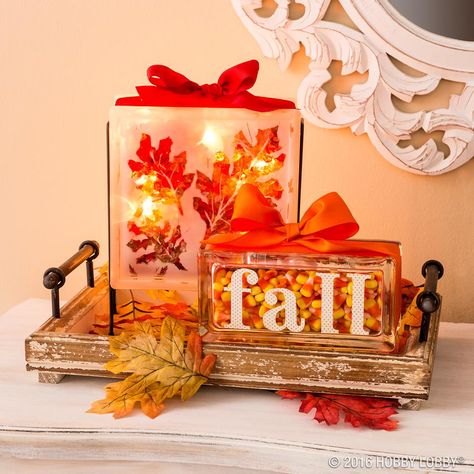 Fall Glass Blocks via Hobby Lobby- Autumn Décor -                                                                                                                                                                                 More Glass Blocks Ideas, Strand Lights, Painted Glass Blocks, Draw Outline, Remove Stickers, Decorative Glass Blocks, Glass Block Crafts, Lighted Glass Blocks, Fall Deco