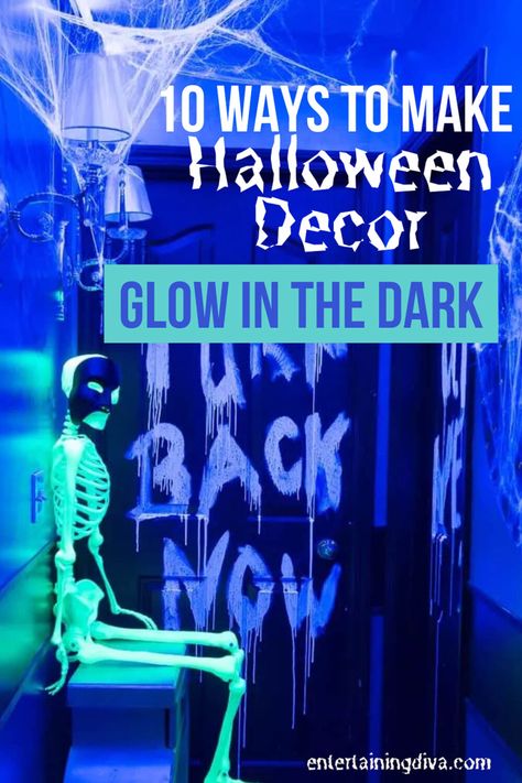 These DIY glow in the dark Halloween party decorations are awesome! They're easy to make and look so cool! | Halloween Party Ideas Glowing Halloween Decorations, High School Haunted House Ideas, Haunted House Room Themes, Haunted Classroom Ideas, Kid Friendly Haunted House Ideas, Easy Haunted House Ideas, Haunted Classroom, Dark Halloween Decor, Dark Halloween Party