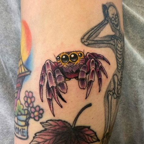 Bug Themed Tattoo Sleeve, Traditional Style Bug Tattoo, Colorful Arm Sleeve Tattoo For Women, Neo Traditional Bug Tattoo, Neo Traditional Spider Tattoo, Tattoo Ideas Bugs, Small Cool Tattoos For Women, Neo Traditional Spider, Stink Bug Tattoo