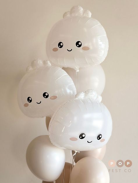 Introducing the first ever Bao Balloon – the most adorable theme for your baby shower that'll make your guests float with excitement! 🎈 Curated by PopFestCo, this little dumpling measures at 21 x 20" and can be filled with either helium or air! All orders will include one small straw to help you inflate air by mouth. This little round bao bun balloon is the perfect party decoration for any dumpling themed event!Description: Material: Plastic (*Non-Foil*) Size: 21 x 20" (Approximately 53 x 50 cm Dumpling Balloon, Dumpling Party Decorations, Bao Bun Baby Shower Theme, Dumpling Decorations, Dumpling Gender Reveal, A Little Dumpling Is On The Way, Our Little Dumpling Baby Shower Theme, Bao Baby Shower Theme, Dumpling Party Theme