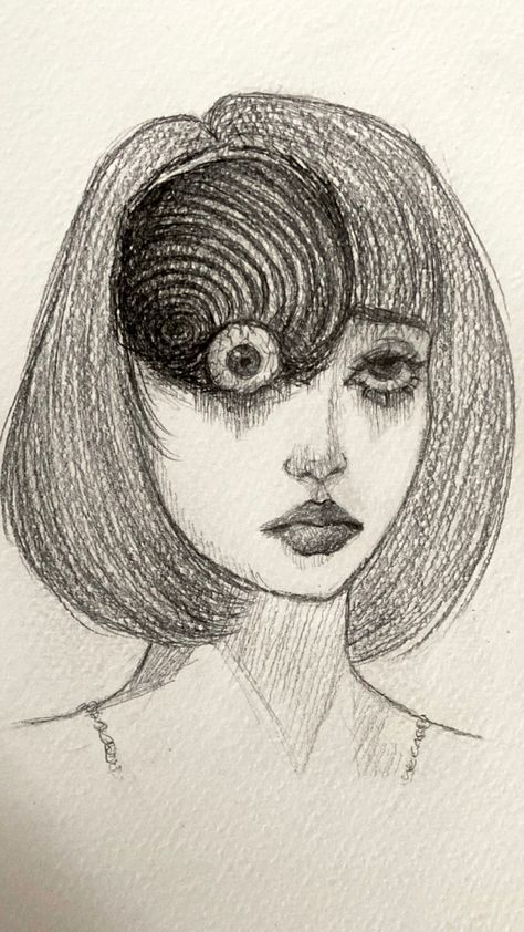 drawing of a character from junji ito’s “uzumaki” manga Uzumaki Drawing Junji Ito, Uzumaki Art Junji Ito, Drawing With Mechanical Pencils, Drawing Ideas Pencil Sketches Aesthetic, Easy Realism Drawings, Junji Ito Drawing Sketch, Easy Manga Panels To Draw, Junji Ito Doodle, Junji Ito Inspired Art