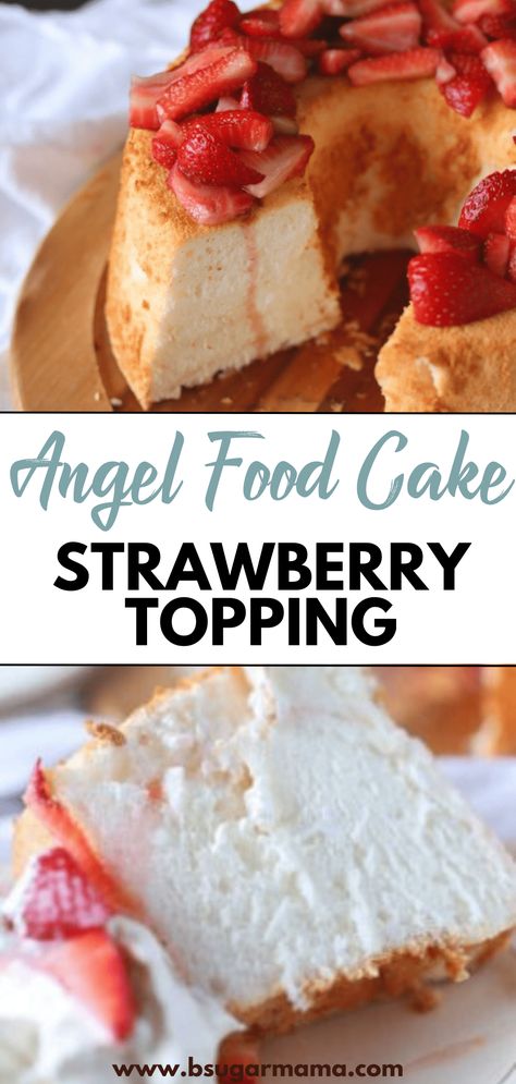 Elevate your dessert game with this delicious Angel Food Cake topped with sweet and tangy strawberries. With its airy texture and low-fat content, it's the ultimate treat for any springtime gathering. Customize it with your favorite fruits and toppings to make it your own! #angelfoodcake #strawberrytopping #springdesserts #healthysweets Strawberries For Angel Food Cake, Angel Food Cake And Strawberries, Angel Food Cake With Strawberries, Strawberry Angel Food Cake Dessert, Angel Food Cake Recipes, Strawberry Angel Food Cake, Angel Food Cake Desserts, Easy Cakes To Make, Cake With Strawberry