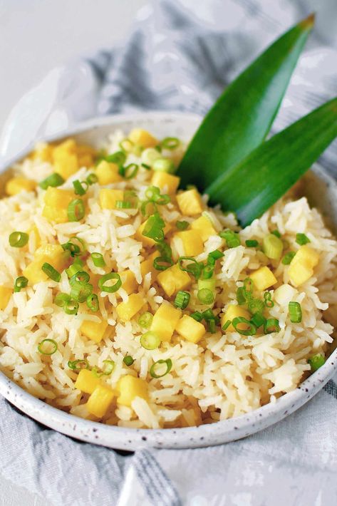 Pineapple Coconut Rice - KendellKreations Coconut Pineapple Rice Recipe, Coconut Pineapple Rice, Pineapple Rice Recipes, Coconut Jasmine Rice, Rice Bake Recipes, Rice Dishes Recipes, Coconut Milk Rice, Luau Ideas, Pineapple Rice