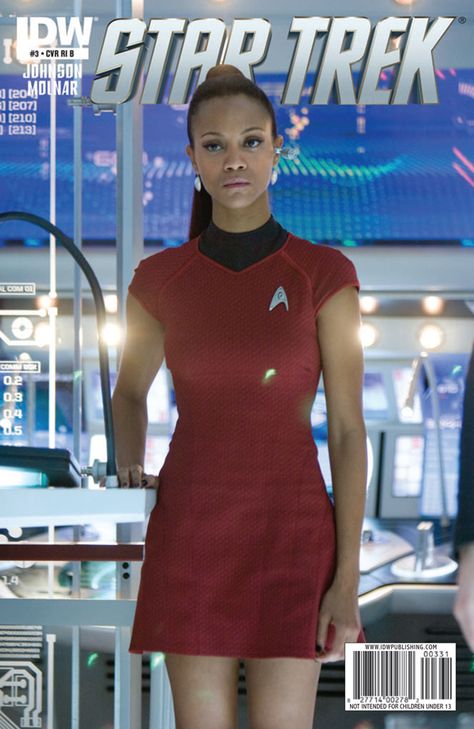 Star-Trek mag. cover,   dress by Doris Chan  -(zoe-saldana-as-uhura) Zoe Saldana Star Trek, Costumes For Black Women, Star Trek Actors, Star Trek Costume, Star Trek Crew, Star Trek Reboot, Star Trek 2009, Star Trek Tv, Star Trek Images