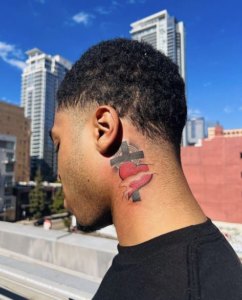 Neck Tattoo For Guys Red Ink, Red Ink Neck Tattoo Men, Small Men Neck Tattoos, Behind Ear Men Tattoo, Tattoo Ideas For Men Behind Ear, Unique Neck Tattoos For Men, Under Ear Tattoo Men, Medium Size Tattoo For Men, Cool Neck Tattoos Men