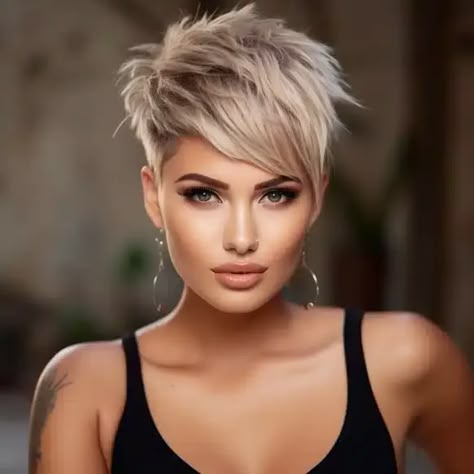 50 Trending Wispy Bangs Hairstyles to Try This Year Short Back Longer Front Hairstyle, Short Pixie Blonde Hairstyles, Pixie With Heavy Bangs, Short Edgy Hairstyles Pixies, Asymmetric Pixie Haircut, Women’s Mohawk Haircut, Short Hairstyles With Undercut, Short Pixie With Long Bangs, Color For Pixie Haircut