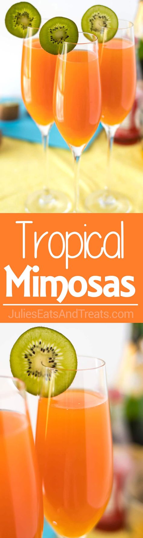 Tropical Mimosas - The classic brunch drink, given a tropical twist with the addition of mango, pineapple, and a splash of grenadine! ~ https://www.julieseatsandtreats.com Tropical Mimosa, Mimosa Recipes, New Year's Drinks, Mimosa Recipe, Champagne Brunch, Mango Pineapple, Brunch Drinks, New Year's Food, Tropical Twist