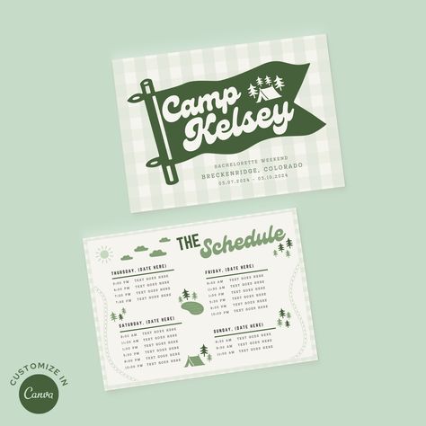 Bachelorette Schedule, Bachelorette Party Lake, Camp Bach, Camping Bachelorette, Scottsdale Bachelorette, Fall Bridal Shower Invites, Bachelorette Weekend Invitations, Camp Theme, Bachelorette Itinerary