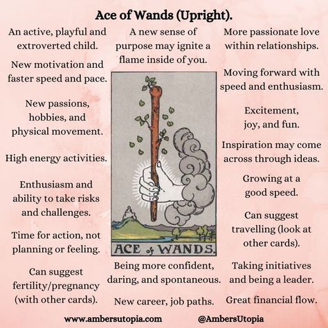 The Ace of Wands in the tarot deck marks the beginning of enthusiasm, passion, energy, and forward movement. As a Tarot card, these can describe moments in people's career as being in flow, and that excitment, joy, and spontaneous energy start to ignite and break free. 

#Tarot #SuitofWands #AceofWands #Tarotcardmeanings #tarotcards #tarotmeanings. Suit Of Wands Tarot, Ace Of Wands Tarot, Suit Of Wands, Ace Of Wands, Tarot Interpretation, Wands Tarot, Tarot Cards For Beginners, In Flow, Learning Tarot Cards