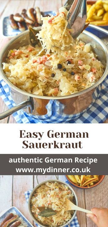 Learn how to make this authentic German Sauerkraut Recipe with bacon, carraway seeds, and juniper berries. This homemade cooked sauerkraut will be perfect for any Oktoberfest Party and is the ideal side dish to pork, bratwurst, or portato noodles. Check out this easy recipe Best Ever Saurkraut, Homemade Sourkraut Recipe, Saurkraut Recipes German, Sauerkraut Recipes Homemade, Oktoberfest Sauerkraut, Bratwurst And Sauerkraut Recipes, German Sauerkraut Recipes, Sourkrout Recipes, Sourcrout Recipes