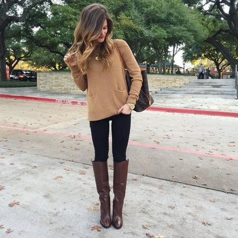 fall outfit idea, winter outfit with black jeans and brown booties, tall brown leather boots, knee-high brown leather heeled boots, black jeans, tan sweater, fall neutrals outfit, LV neverfull monogram tote Black Jeans Brown Boots, Brown Boots Outfit, Neutral Fall Outfits, Black Jeans Outfit, Boating Outfit, Moda Paris, Winter Jeans, Outfit Jeans, Outfit Winter