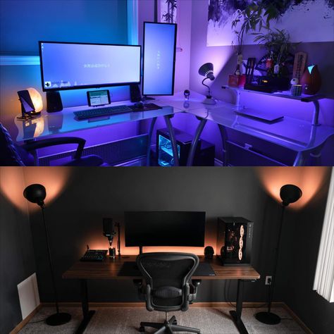 There are a ton of different ways to outfit your desk setup with backlighting and LED strips, and we’re here to help narrow it all down – covering the different types of LED strips and desk backlighting options available, as well as a moodboard of unique lighting ideas for your desk setup. Here’s a breakdown of all the types of colorful LED lights you can get, and ways to apply them to your setup! Check out the desk lighting ideas section below for more inspo. Led Light Strip Ideas, Light Strip Ideas, Led Lights Strip Ideas, Led Office Lighting, Gaming Computer Room, Room Decor For Men, Led Desk Lighting, Home Studio Setup, Office Color