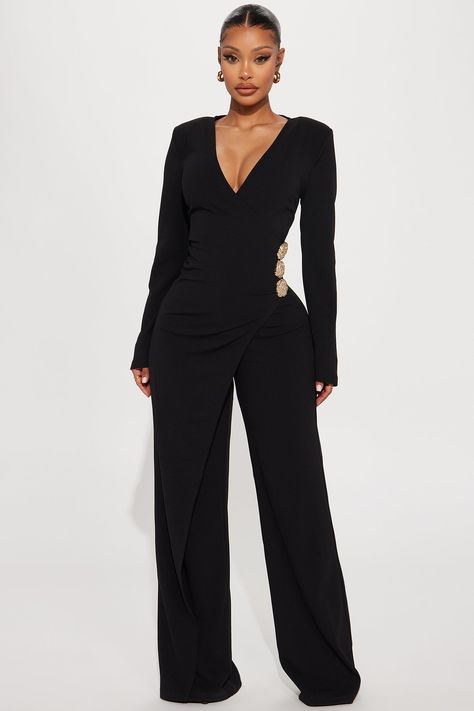 Available In Black. Jumpsuit Long Sleeve Surplice Button Detail Drape Detail Wide Leg Hidden Back Zipper Stretch Self: 95% Polyester 5% Spandex Imported | Jennifer Jumpsuit in Black size 2X by Fashion Nova Dress Pants Outfits, Jumpsuit Long Sleeve, Business Attire Women, Jumpsuit Long, Fashion Nova Outfits, Jumpsuit Outfit, Pantsuits For Women, Graduation Outfit, Long Jumpsuits