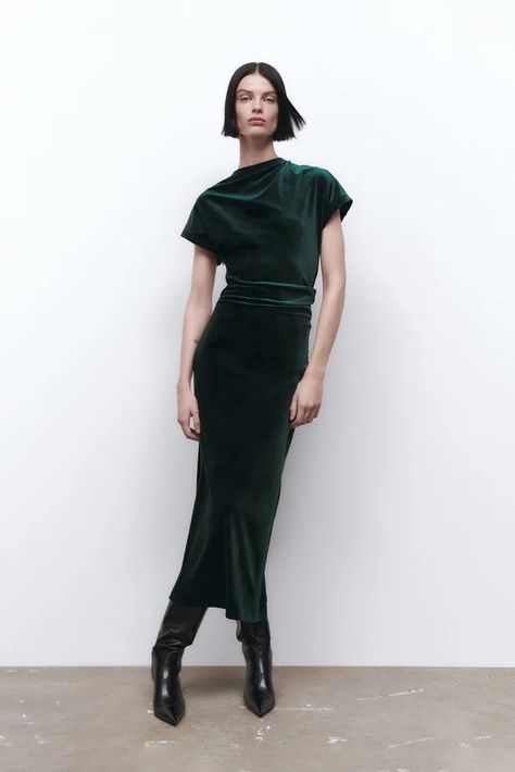 A Green Velvet Dress: Zara Draped Velvet Dress Velvet Green Dress, Velvet Pencil Dress, Sleeved Velvet Dress, Velvet Party Dress, Velvet Dress Long, Blue Velvet Dress, Green Velvet Dress, Velvet Midi Dress, Midi Dress Style