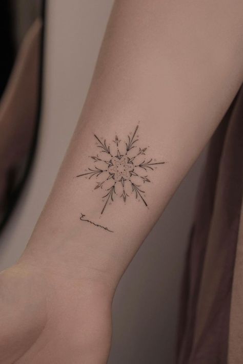 Half Snowflake Tattoo, Snow Flakes Tattoo Design, Snow Flake Tattoos For Women, Black Snowflake Tattoo, Ornamental Snowflake Tattoo, Winter Floral Tattoo, Snowflake Tattoos For Women, Fine Line Snowflake Tattoo, Snow Tattoo Snowflakes