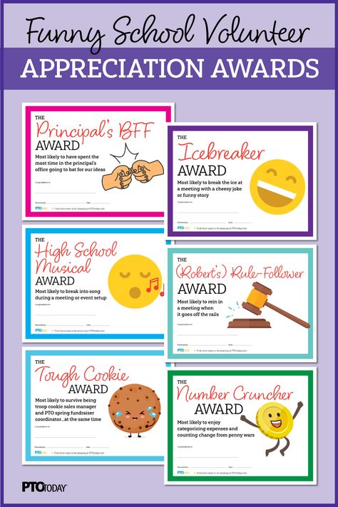 Great for Volunteer Appreciation Week and end of year PTO and PTA board meetings. 18 customizable award certificates, plus silly gag gift pairings! Teacher Appreciation Awards, Pta Board Thank You Gifts, Pta Gifts For Board Members, Board Appreciation Ideas, Parent Appreciation Ideas, Volunteer Appreciation Themes, Pta Appreciation Gifts, Funny Teacher Awards, Volunteer Appreciation Party