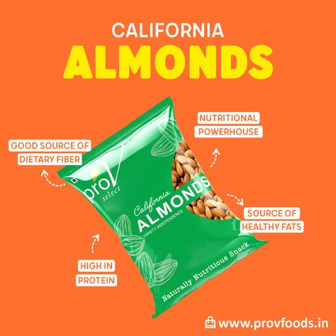 Discover the taste of perfection with ProV California Almonds!Indulge in the creamy, nutty goodness that only California almonds can deliver. Grown under the warm California sun, our almonds are the epitome of quality and flavor.  #prov #provfoods #provnutriton #almonds California Almonds, Social Media Management Tools, Nuts & Seeds, Nutritious Snacks, Media Management, The Taste, Healthy Fats, Product Design, Packaging Design