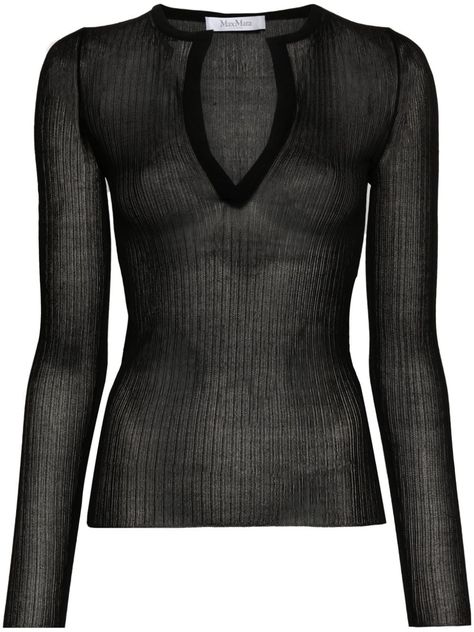 black silk ribbed knit semi-sheer construction V-neck long sleeves straight hem Yoko London, Short Leggings, Heel Boots, Silk Top, Max Mara, Black Silk, High Boots, Denim Dress, Long Sleeve Top