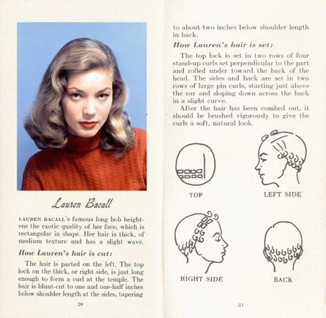 10-HOLLYWOOD-HAIRSTYLES-of-the-50s---LAUREN-BACALL Hollywood Hairstyle, Retro Updo, 1950s Hairstyles, 1940s Hairstyles, Hollywood Hair, Hair Patterns, Pin Curls, Lauren Bacall, Hair Setting