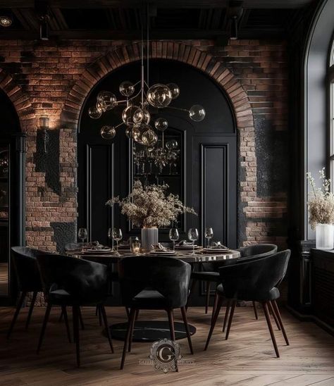 Industrial Gothic Interior, Gothic Restaurant, Dark House Aesthetic, Brick Loft, Dark Home Decor, Red Brick House, Goth Home Decor, Dark Home, House Goals