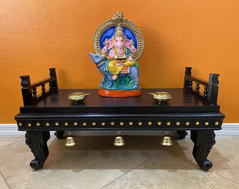 ART is where Work meets LOVE by SheelArts on Etsy Pooja Table, Indian Table, Bell Art, Mandir Design, Temple Design For Home, Pooja Mandir, Pooja Room Door Design, Pooja Room Design, Goddess Decor