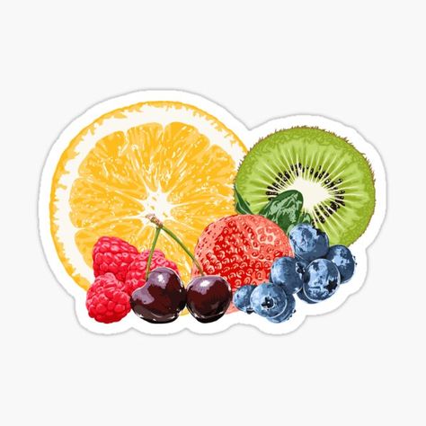 "Fruit Salad" Sticker by lizs-lemons | Redbubble Fruit Salad Logo, Fruit Stickers Aesthetic, Fruit Stickers Design, Cute Stickers Fruits, Cute Fruit Stickers, Food Background Wallpapers, Orange Fruit Sticker, Fruit Logo, Food Backgrounds