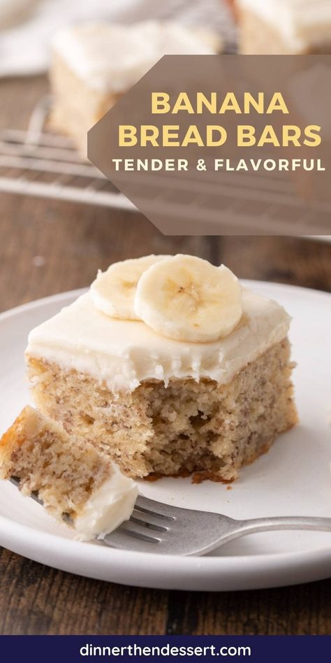 Banana Bread Bars make an easy, tender, flavorful treat topped in cream cheese frosting, and great to share with a crowd. Bake them today! Banana Bread Brownies With Cream Cheese Frosting, Banana Bread Bars With Cream Cheese, Banana Cream Cheese Bars, Banana Bars With Brown Butter Frosting, Banana Bread With Cream Cheese Frosting, Banana Bars With Cream Cheese Frosting, Frosted Banana Bars, Banana Bread Bars, Banana Bread Brownies