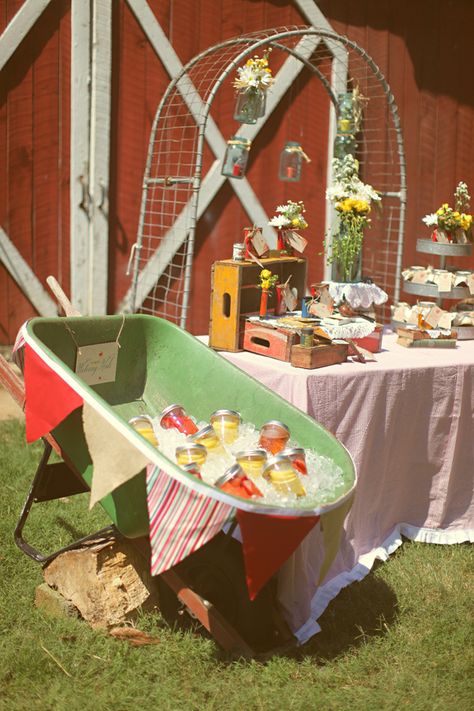 Wheelbarrow drink display Drink Display, Tiered Server, Country Party, Barn Parties, Unique Drink, Rustic Wedding Chic, Boda Mexicana, Rustic Wedding Inspiration, Drink Station