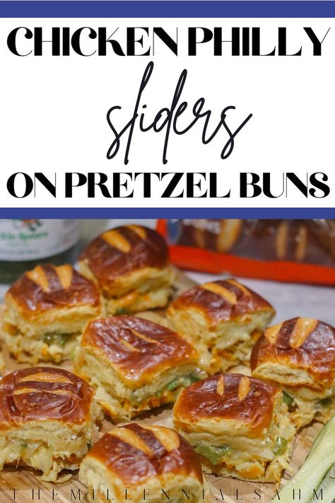 Philly Sliders, Pretzel Buns Sandwich, Pretzel Bun Sliders, Hawaiian Pineapple Chicken, Quick Party Food, Hawaiian Sandwiches, Pretzel Chicken, Pretzel Buns, Easy Slider Recipes