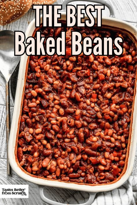 Learn how to make the ultimate Southern-style Baked Beans from scratch or with canned beans. This easy recipe is perfect for BBQs and potlucks, featuring a sweet and smoky flavor that pairs perfectly with grilled meats. You can cook them in a crockpot, on the stovetop, or try the Instant Pot option for a quick side dish. Impress your guests with these delicious baked beans! Get the recipe now and let's get cooking! via @betrfromscratch Best Baked Beans Recipe, The Best Baked Beans, Homemade Baked Beans Recipe, Beans Recipe Crockpot, Baked Beans From Scratch, Cookout Dishes, Simple Baked Beans Recipe, Baked Beans Crock Pot, Beans From Scratch