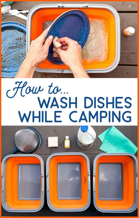 Learn how to do dishes while camping, including the equipment needed to set up a camping dishwashing station. Camping Hacks With Kids, Camping Bedarf, Camping Dishes, Camping Desserts, Camping Snacks, Camping Accesorios, Camping Diy, Camping 101, Camp Life