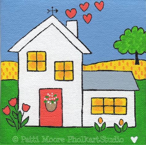 Tiny Canvas Paintings, Mini Canvas Paintings, Painting Whimsical, Tiny Canvas, Cute Painting, Folk Art Flowers, Kids Canvas, This Old House, Easy Drawings For Kids