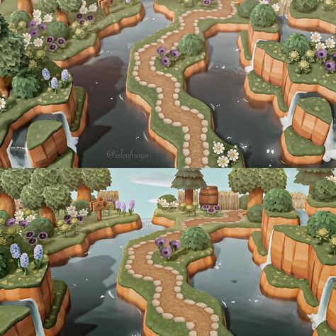 Garden Area Acnh, Acnh Level Ideas, Acnh Garden Paths Designs, Garden Paths Acnh, Acnh Cliff Bridge, Acnh Spiral Pond, Animal Crossing Transition Areas, Acnh Secret Garden, Acnh Botanical Gardens