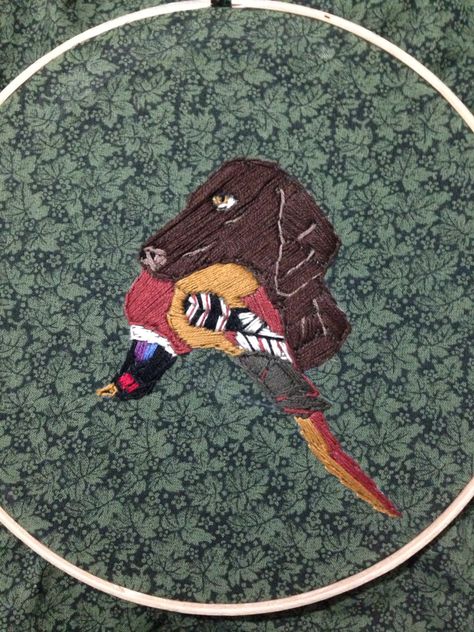 Pheasant Embroidery, Hunting Embroidery, Chocolate Lab Dog, Forest Fabric, Lab Dog, Embroidery Wall, Embroidery Wall Art, Lab Dogs, Embroidery Works