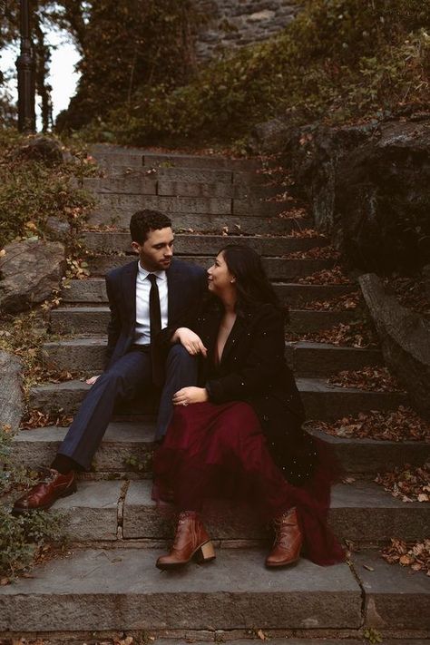 Jewel Tone Engagement Pictures, Moody Fall Engagement Photos, Dark Academia Engagement Photos, Alt Engagement Photos, Dark And Moody Engagement Photos, Unusual Engagement Photos, Spooky Engagement Photos, Dramatic Engagement Photos, Halloween Engagement Pictures