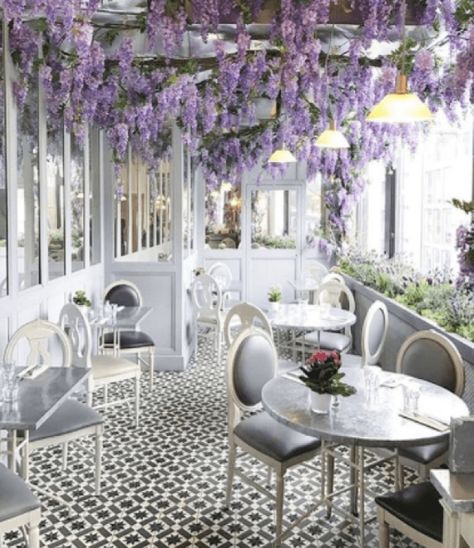 Wisteria Hysteria at Aubaine, Selfridges, London Indoor Wisteria, Interior Window Trim, Garden Water Fountains, Glass House, Beautiful Space, Elle Decor, Garden Room, Dream Garden, Wisteria