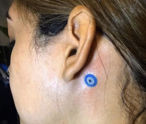 Behind Ear Tattoo Evil Eye, Evil Eye Ear Tattoo, Evil Eye Tattoo Behind Ear, Small Evil Eye Tattoo, Eye Jewels, Fused Beads, Small Back Tattoos, Evil Eye Tattoo, Naruto Tattoo