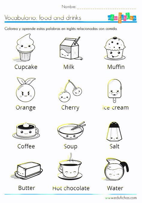 Vocabulario en inglés de comidas (ficha 1)  http://www.edufichas.com/actividades/idiomas/ingles/ficha-con-vocabulario-en-ingles-food/  #food #vocabulario #aprenderingles Ingles Kids, English Activities For Kids, English Exercises, Worksheet For Kids, Teaching Time, Kids English, English For Kids, 1st Grade Worksheets, English Lessons For Kids