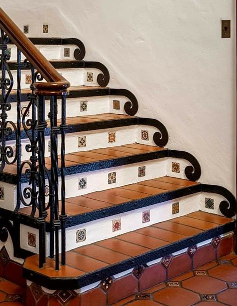 Spanish Staircase, Art Deco Staircase, Colorful Eclectic Living Room, Mexican Tile Floor, Colonial Revival Home, Ranch Estate, Rustic Staircase, Spanish Colonial Revival, Stairs To Heaven