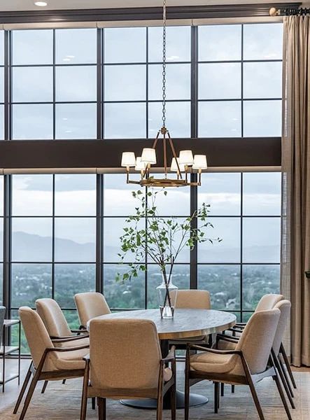 Floor-to-Ceiling Windows for Stunning Alpine Home | Pella Utah Alpine Home, Windows Office, Dining Room Windows, Brick Home, Huge Windows, High Design, Big Windows, Wood Windows, Floor To Ceiling Windows