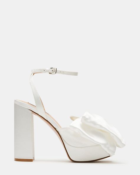 LIVELY WHITE SATIN Shoes For The Bride Wedding Day, Bridal Heels Platform, Steve Madden Wedding Shoes, White Satin Heels, Bride Heels Wedding, Wide Width Wedding Shoes, White Bow Heels, Quince Heels, Graduation Fits