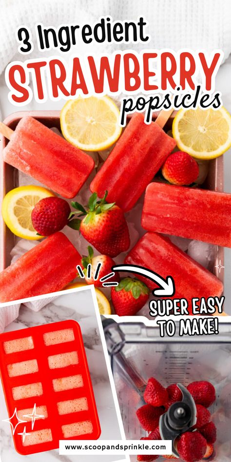 Keep it simple with these 3-ingredient strawberry popsicles—an easy, refreshing frozen treat that’s naturally sweet and bursting with flavor! Made with fresh strawberries, a natural sweetener, and a hint of citrus, they’re dairy-free, sugar-free, and ridiculously delicious. No complicated steps—just blend, pour, and freeze! They’re kid-friendly, healthy, and perfect for summer days, BBQs, or as a post-workout snack. Want a creamy version? Add a splash of coconut milk! Looking for a tangy kick? Try squeezing in some lemon juice! However you make them, these homemade popsicles are a must-try. Save this easy strawberry popsicle recipe now and enjoy a cool, refreshing treat anytime! Lemon Popsicles, Lime Popsicles, Banana Ice Cream Recipe, Strawberry Popsicles, Popsicles Recipe, Fruity Treats, Mango Sorbet, Homemade Popsicles, Post Workout Snacks