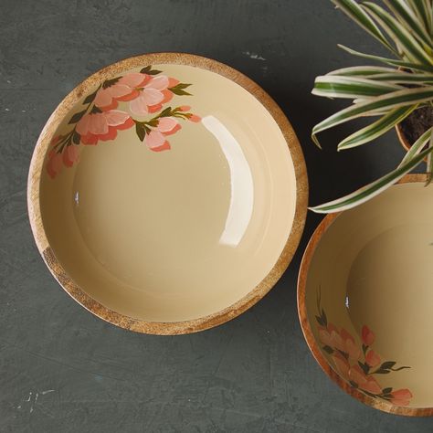 Handpainted wooden bowls Wooden Serveware, Wooden Tableware, Wood Dishes, Enamel Bowl, Kitchen Collection, Wood Bowls, Wooden Bowls, Serveware, Serving Bowls