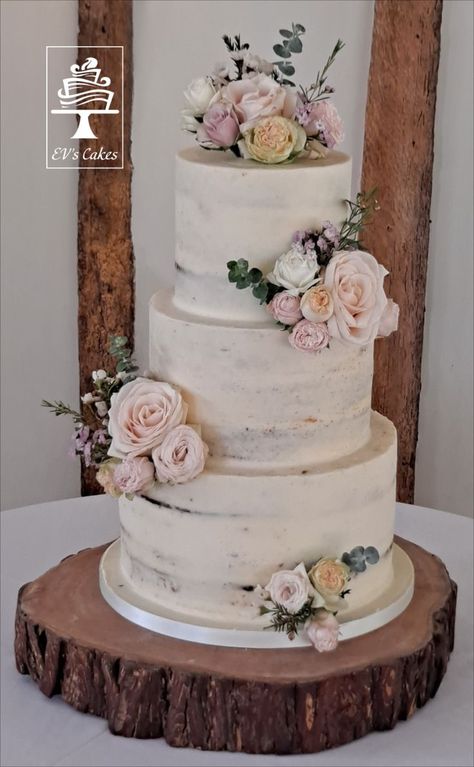 Naked Wedding Cake With Flowers, Semi Naked Wedding Cake, Wedding Cake With Flowers, Cake With Flowers, 3 Tier Wedding Cakes, 3 Tier Cake, Just Bake, White Wedding Cake